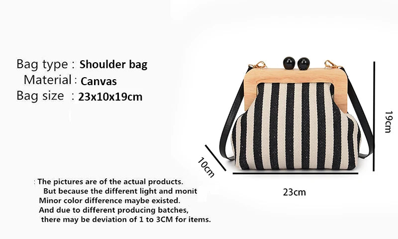 Retro Striped Wooden Clip Shell Bags for Women Messenger Bag Black and white