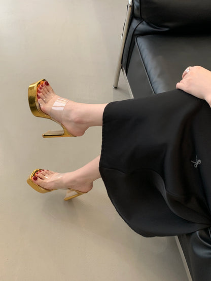 Designer PVC Transparent Platform Slippers Women Square Toe High Heels Slides Shoes
