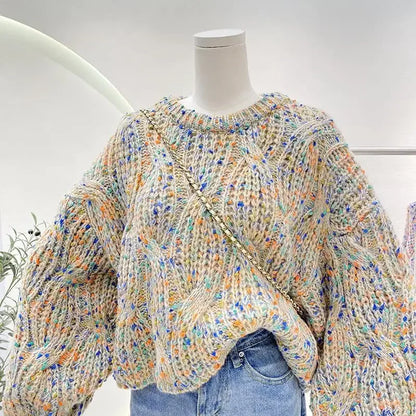 Knit Colorful Loose Fit Lantern Sleeve Cropped Sweater For Women