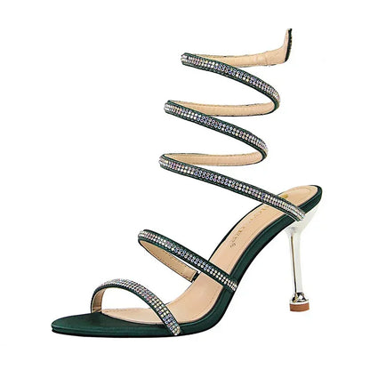 Women Luxury Party 8.5cm High Heels Summer Sexy Nightclub Sandals Female Red Green Ankle Strappy Roman Gladiator Crystal Sandles