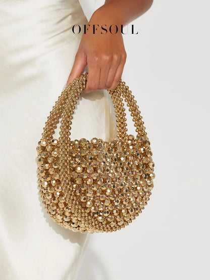 Hollow Hand-Made Metal Sense Gold Beads Woven Handbag Half-Round String Beads Pearl Bag