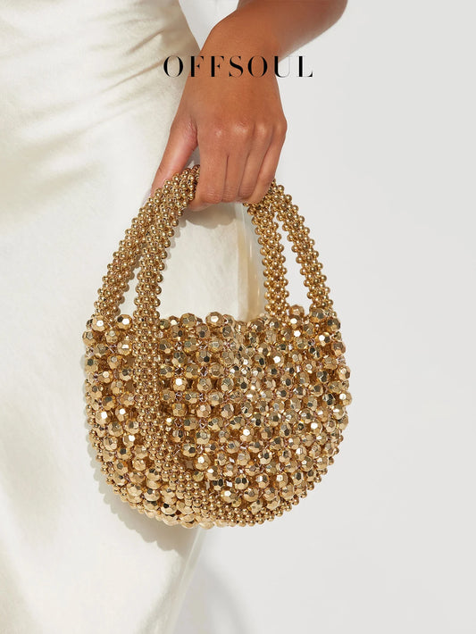 Hollow Hand-Made Metal Sense Gold Beads Woven Handbag Half-Round String Beads Pearl Bag