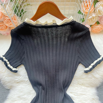 Chic Knitted Mini Dress Elegant Black Ruffled Party Dress