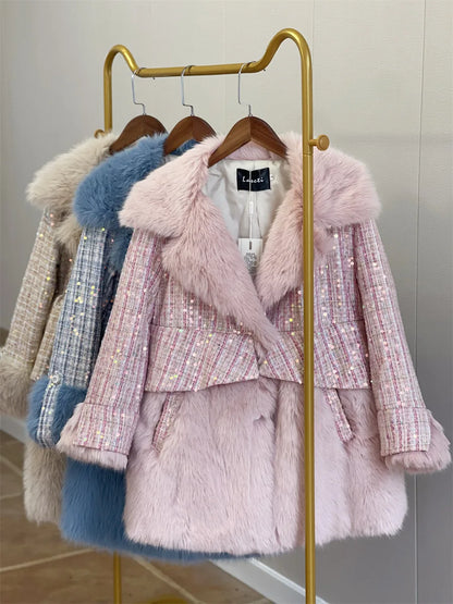 Winter Fur Coat Women Luxury Sequined Wool Faux Fur Long Jacket Fluffy Overcoat