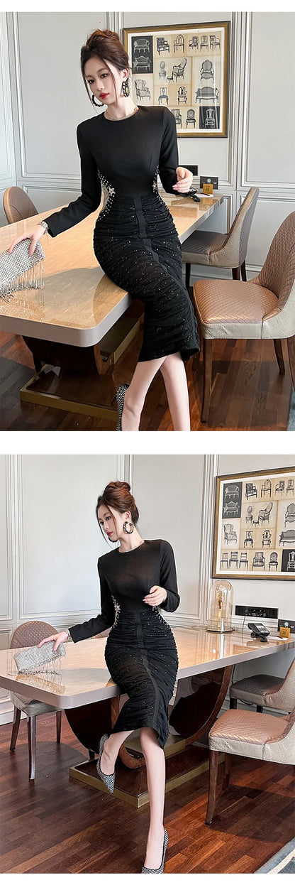 French Elegant Formal Shiny Rhinestone Folds Bodycon Midi Dress