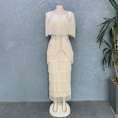 Women Sexy Fringed Embellished Bodycon Celebrity Evening Dress