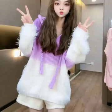 Tassel Pullover Long-Sleeved Sweater Hooded Loose Knitwear