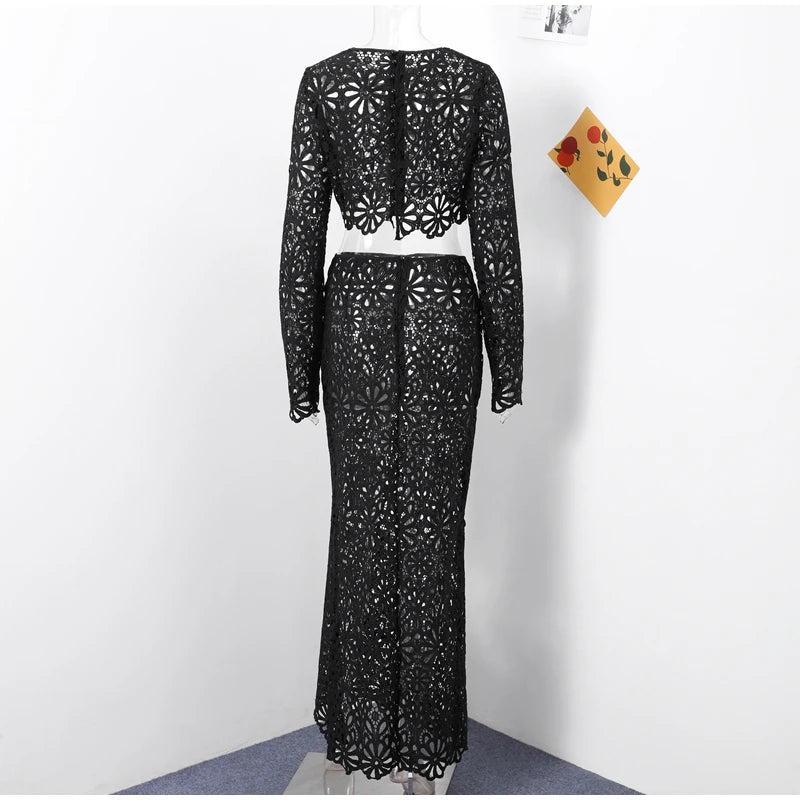 Summer Vacation See Through Crochet Top Women Set Hallow Out Flare Long Sleeve Skirts Set