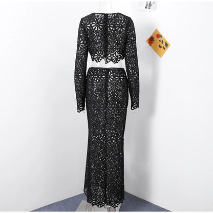 Summer Vacation See Through Crochet Top Women Set Hallow Out Flare Long Sleeve Skirts Set