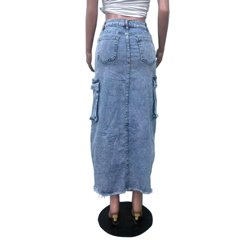 Women's High Split Ripped Denim Maxi Skirt Jeans Cargo Skirt Y2k