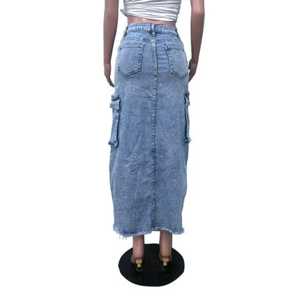 Women's High Split Ripped Denim Maxi Skirt Jeans Cargo Skirt Y2k