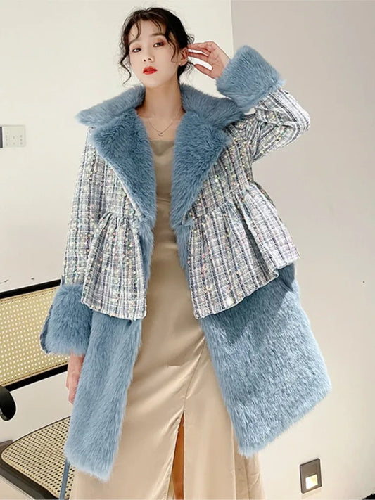 Winter Fur Coat Women Luxury Sequined Wool Faux Fur Long Jacket Fluffy Overcoat
