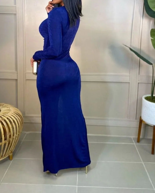 Women Velvet Button Up High Slit Maxi Bodycon Dress