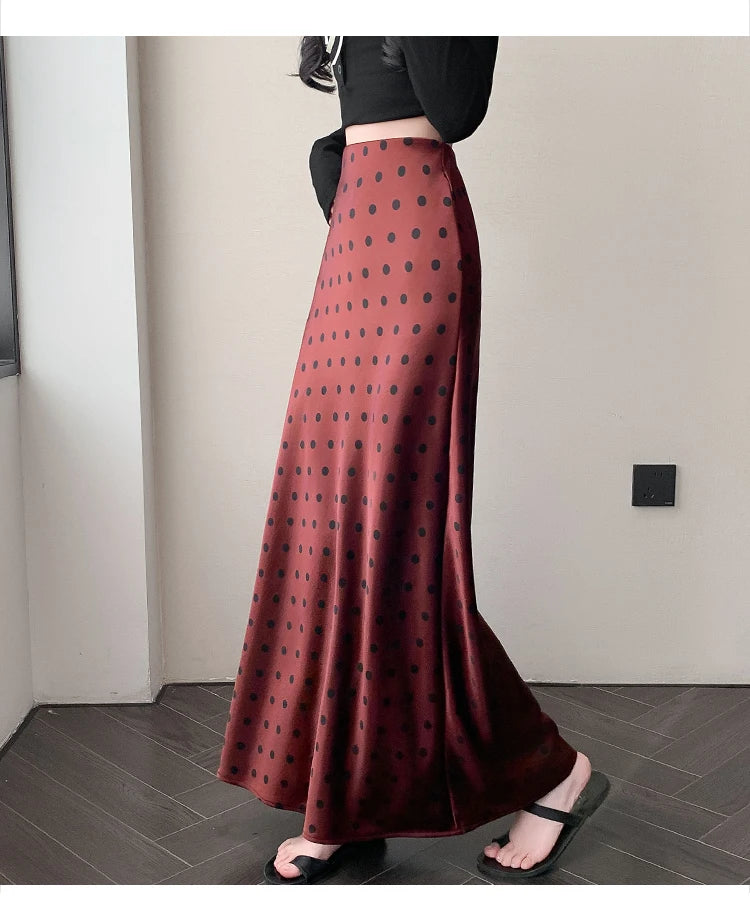 Polka Dot Satin Skirt Women's High Waist Versatile Elegant Dot Long Skirt