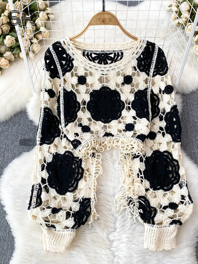 Sunscreen Hook Summer Knit Top Women Elegant O Neck Hollow Out Lantern Sleeve Ladies Vacation Tassel Beach Blouse