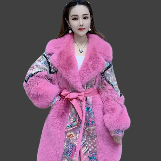 Faux Fur Coat for Women, Sequins Jacket, Loose Long Overcoat, Thick Warm Female Clothing, Fashion,High Quality, New, Winter