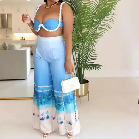 Women 2 Piece Set Vacation Crop Top and Print Wide Leg Pants Matching Sets
