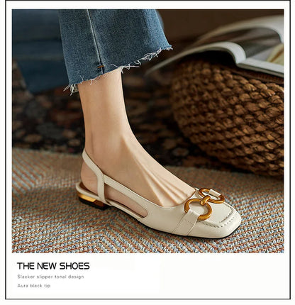 French Low Heel Retro Toe Cover Sandals Women Summer Empty Horse Bit Faux Leather Strap Sandals