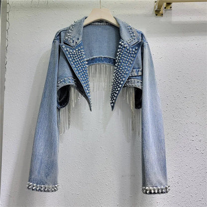 Diamonds Beaded Tassels Rivets Denim Jacket Retro High Waisted Crystal Fringed Backless Jeans Cowboy Coat