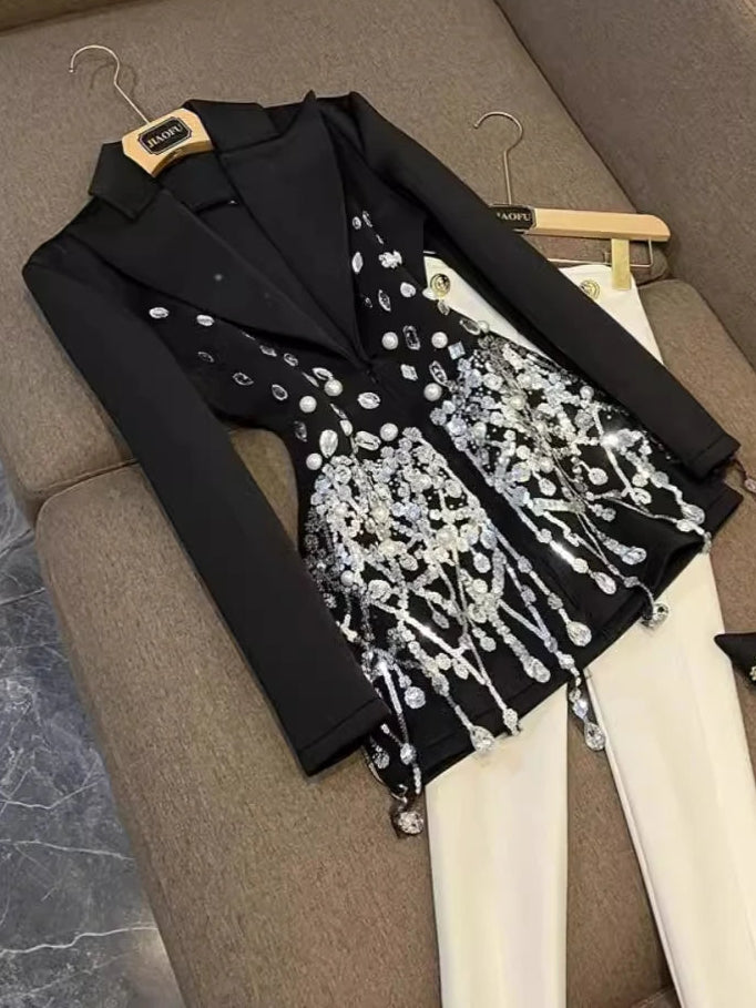 Solid High Street Spliced Diamonds Dress For Women Lapel Long Sleeve Evening Party Dresses Female Fashion