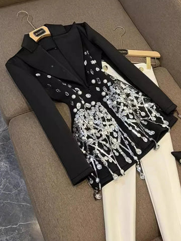 Solid High Street Spliced Diamonds Dress For Women Lapel Long Sleeve Evening Party Dresses Female Fashion