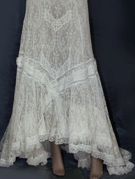 Women High Waist Skirt Elegant Guipure Lace Ruffle Trim Asymmetric Hem Vintage Casual Transparent Maxi Skirt