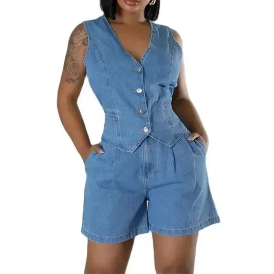 Summer V Neck Sleeveless Waistcoats Women Two Piece Sets Straight Denim Shorts Female Suits