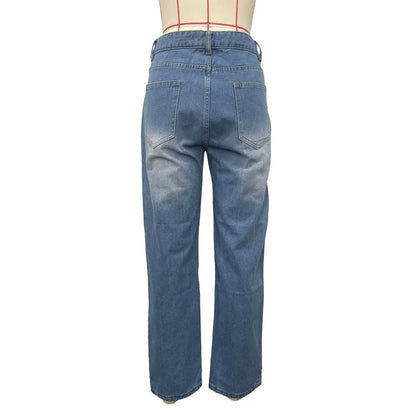 Diamond Splicing Loose Jeans Women High Waist Button Pocket Denim Trousers Casual Female Streetwear
