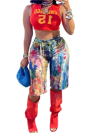 Women's Pockets Graffiti Shorts Hot Casual Summer Shorts Mid Waist Short
