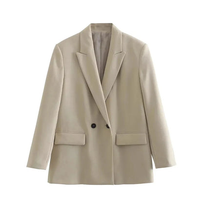 Women Double Breasted Loose Fitting Blazer Coat Vintage Long Sleeve Pockets Female Outerwear Blazer