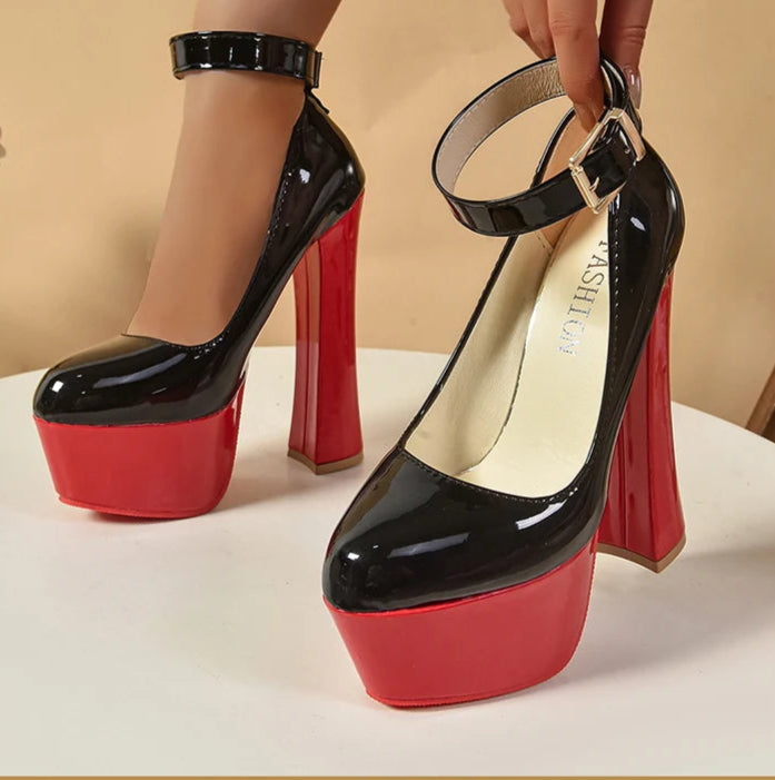 2cm Belt Buckle Pumps Women 5.5cm Platform Party Disco Chunky Heels
