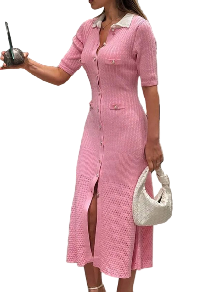 Women Knitted Dress Half Sleeve Lapel Female Maxi Sweater Dress