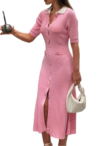 Women Knitted Dress Half Sleeve Lapel Female Maxi Sweater Dress