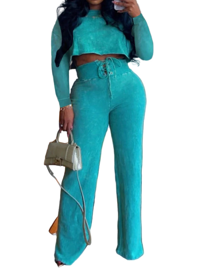 Casual Two Piece Set for Women Sweatsuit Sporty Long Sleeve Top and Lace-up Wide Leg Pants Joggers