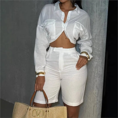 Women Temperament Elegant Shirt 2-piece Shorts Set White Long Sleeve midriff-baring Blouse High Waist Shorts Sets