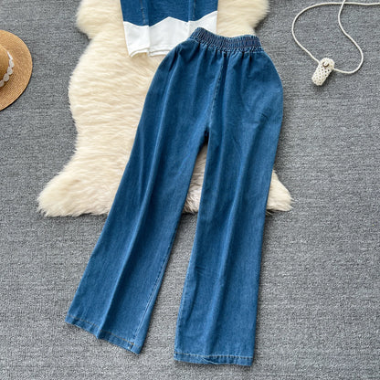 Women Denim pant sets Design Matching Color Short-sleeved T-shirt Tops + High-waisted Casual Pants