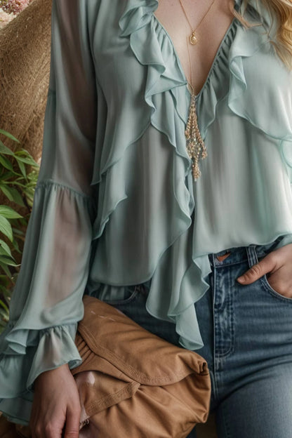 Women Chiffon Blouse Shirt Flare Sleeve Ruffle Elegant Sexy V-Neck See Through Blouse Tops