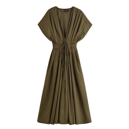 V-neck Lace-up Midi Dress Short Sleeve Backless Pleated Dress