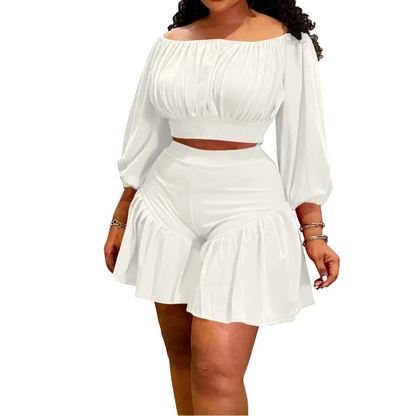 Plus Size Women's Set Long Sleeve Slash Neck T-Shirt and Shorts Summer Two 2 Piece Set