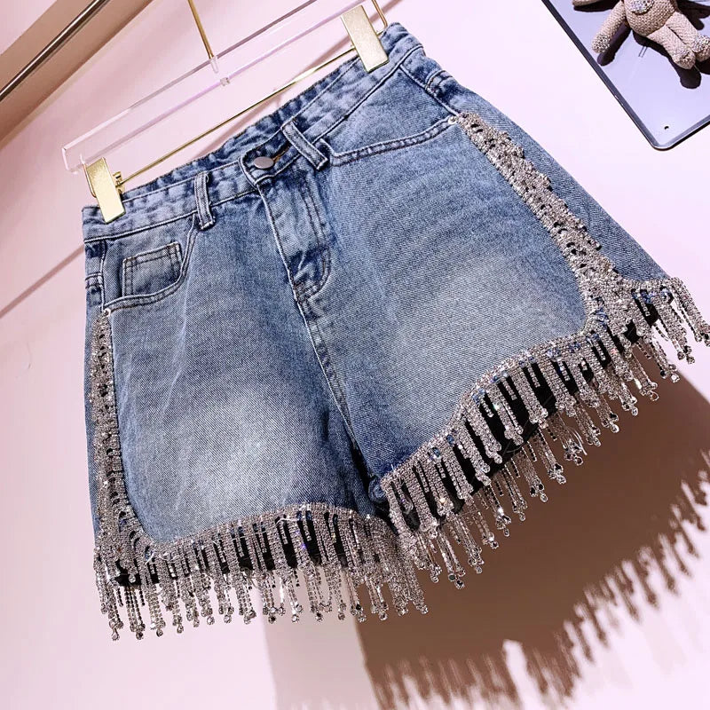 Rhinestones Fringed High Waist Hot Drilling Denim Shorts Diamonds Tassels Jeans Short