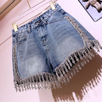 Rhinestones Fringed High Waist Hot Drilling Denim Shorts Diamonds Tassels Jeans Short
