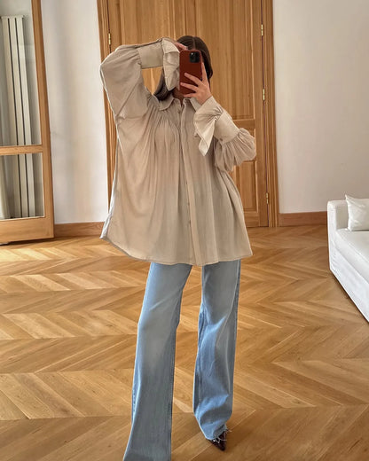 Summer Ruffled Loose Shirts For Women Lapel Long Sleeve Casual See-Through Blouse