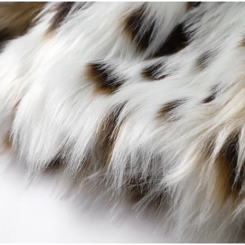 Elegant Leopard Print Faux Fur Cropped Jacket For Women Outwear