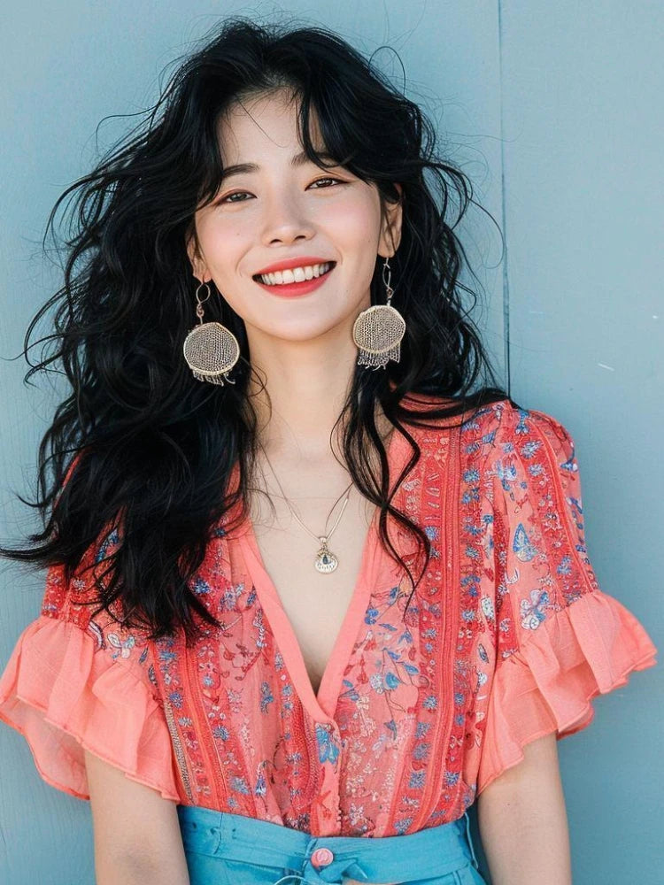 Summer Vintage Shirts Print Single Breasted V Neck Short Sleeve Ruffles Blouses