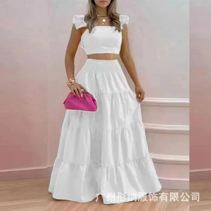 Y2k Two Piece Set Elegant Sexy Collage Sleeveless Top and Maxi Skirt Set