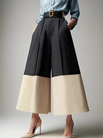 Urban Female Stylish Contrast Color Pockets Wide Leg Pants New Trendy Elastic High Waisted Casual Trousers