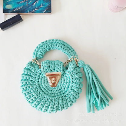Bohemian Women's Solid Color Hook Knit Bag Round Fringed Small Crossbody Bag Soft Material