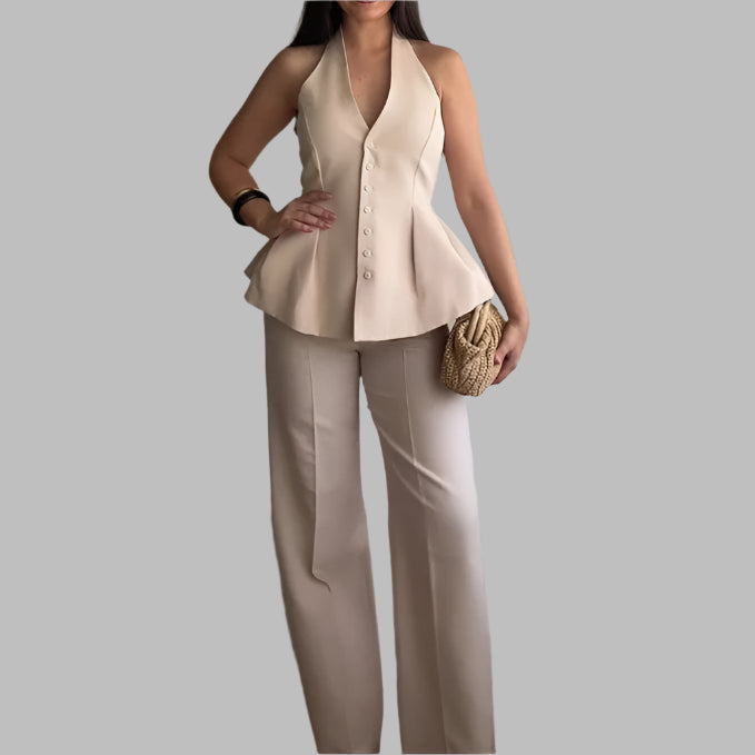 Women's Trouser Suits Sleeveless Halter Top Straight Pants Two Piece  Sets