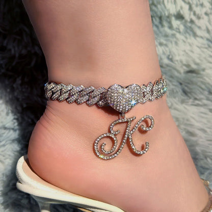 A-Z Cursive Initial Letter Cuban Anklets Bracelet For Women 14mm Iced