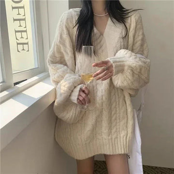 Lantern Sleeve Knit Sweater Women Korean Solid Twist V-Neck Pullover Jumper